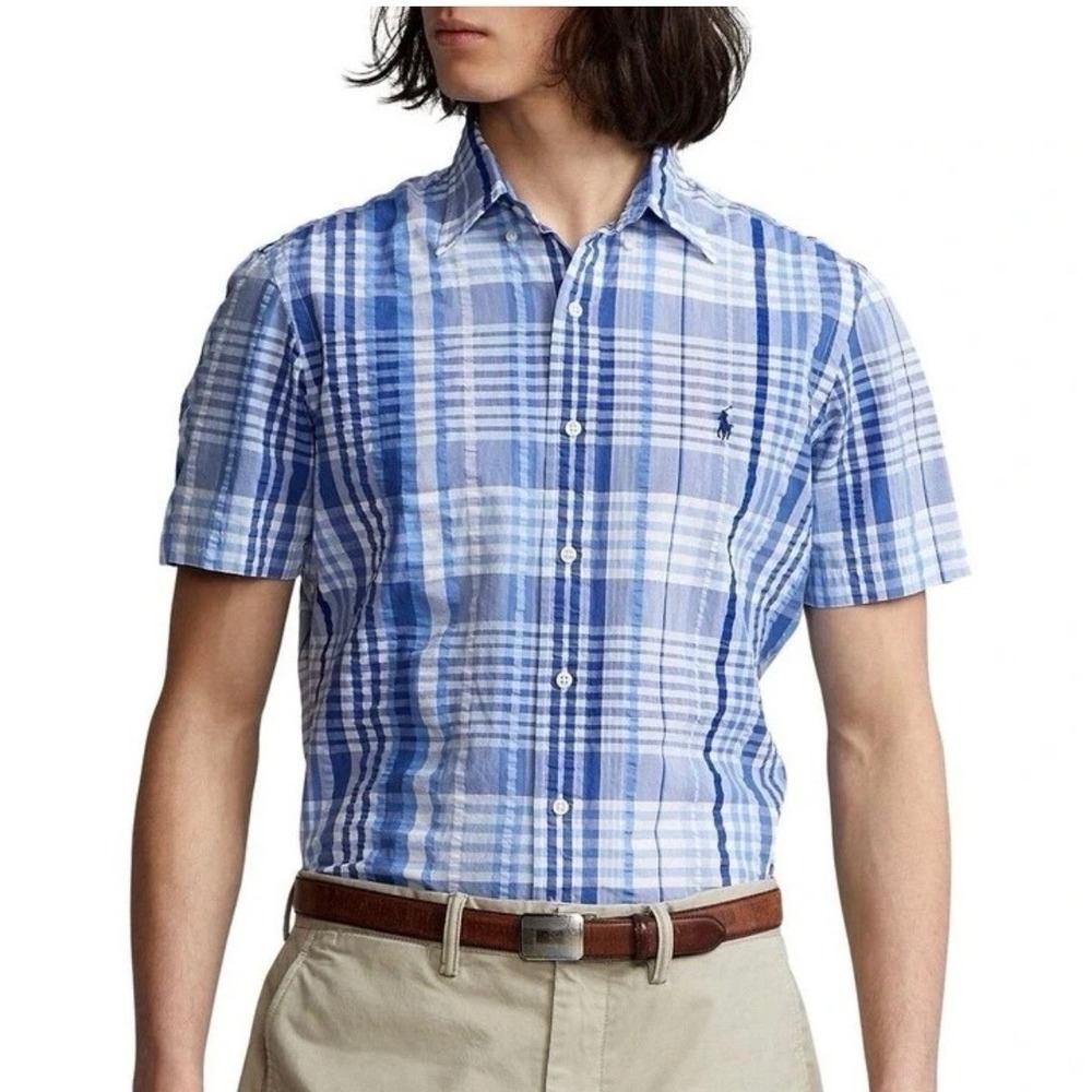 Polo Ralph Lauren Seersucker Blue Plaid Short Sleeve Button Shirt‎ Size XL